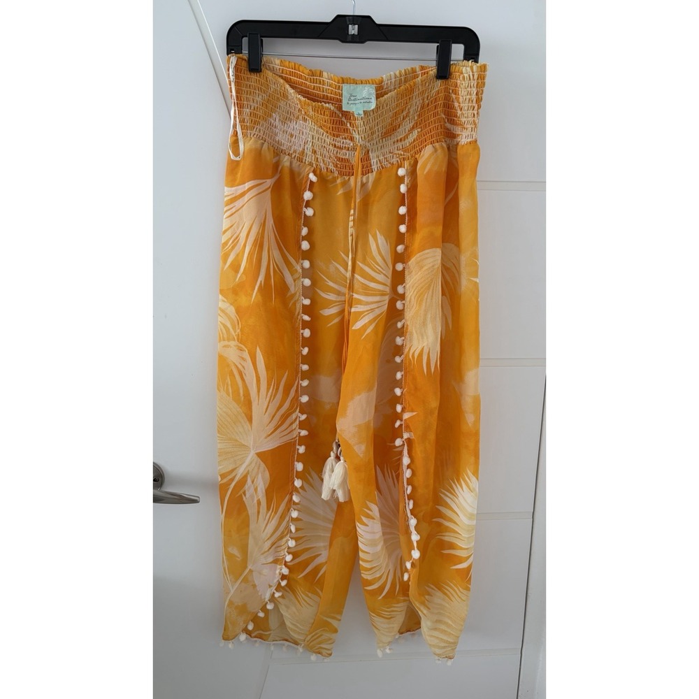 True Destinations Large Orange Tropical Palm Print Tulip Hem Pom Pom Harem Pants